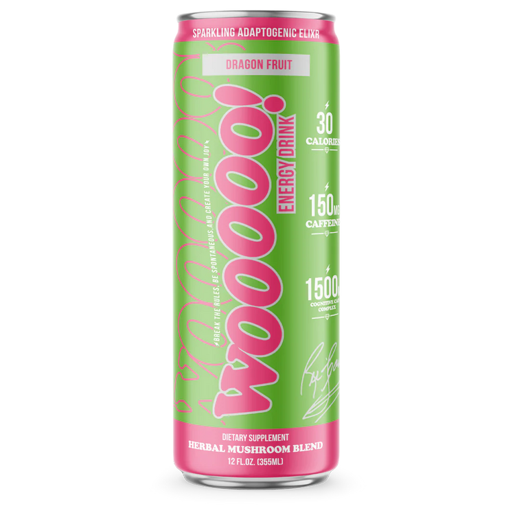 Single can of Dragon Fruit Wooooo! Energy Drink in a green can with pink typography. The label displays energy drink specifications including dietary supplement details and the 'Wooooo!' logo running vertically.
