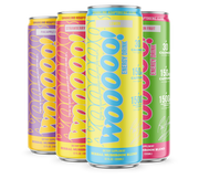 A lineup of the Wooooo! Energy flavor collection. From left to right: Purple Pineapple Berry, Red Strawberry Banana, Yellow Lemon, and Green Dragon Fruit cans, showcasing the cohesive vibrant branding and functional mushroom ingredients.